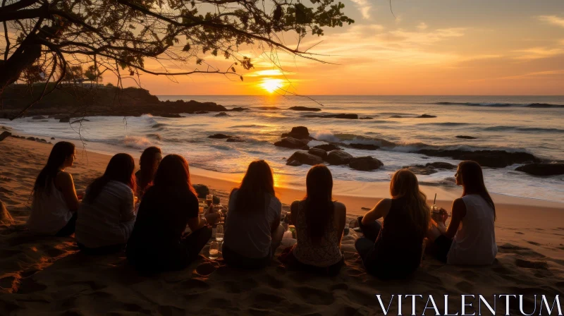 Serene Sunset Scene: Women Watching Ocean Sunset on Beach AI Image