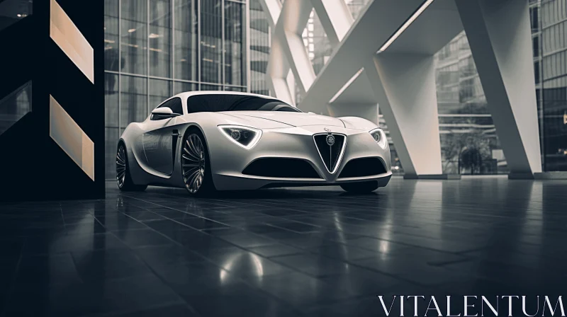 Sleek White Coupe Parked Beside a Stunning Glass Building AI Image