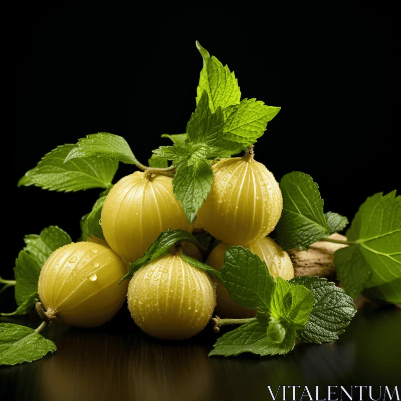 AI ART Yellow Grapes with Mint Leaves: A Refreshing Still Life Composition