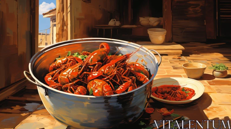 Delicious Cooked Crawfish in Rustic Kitchen Setting AI Image