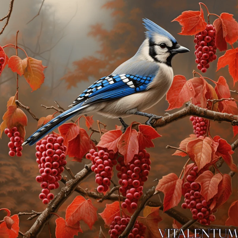 Magical Blue Bird on Red Berry Branch Illustration AI Image