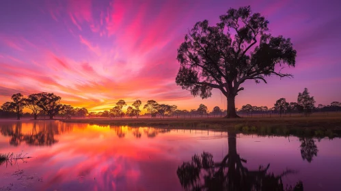 Tranquil Sunset Over Lake with Majestic Tree