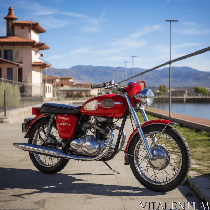 Vintage Red Motorcycle Parked Next to Walkway - Impeccable Craftsmanship AI Image
