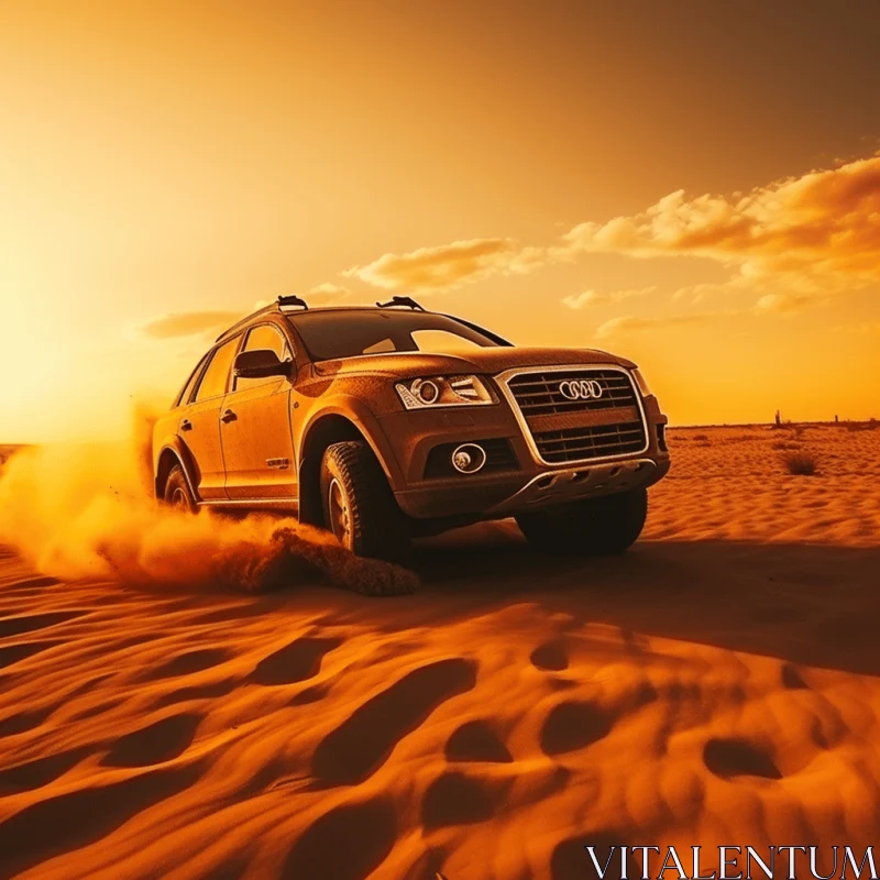 Red Audi SUV Driving in Desert at Sunset - Powerful and Emotive Portraiture AI Image