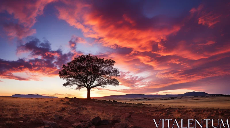 Spectacular African Savanna Sunset with Tree Silhouette AI Image
