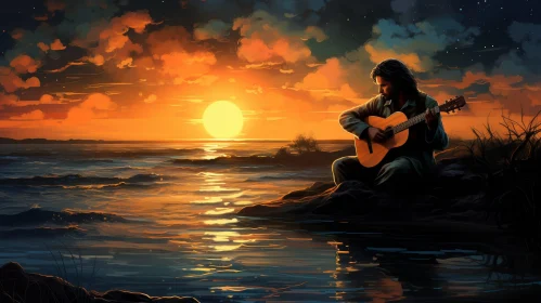 Sunset Serenade: Man Playing Guitar on Beach