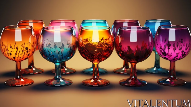 Colorful Wine Glasses on Brown Background AI Image