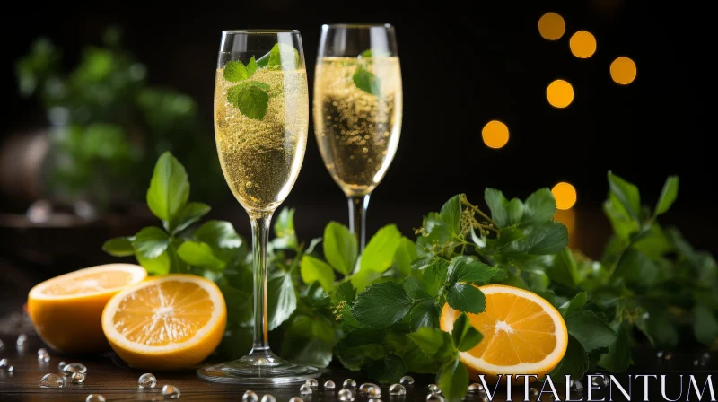 Elegant Champagne Glasses with Fresh Mint on Dark Table AI Image