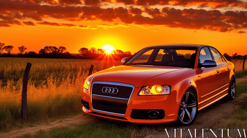 Orange Car at Sunset: A Captivating Rural Scene AI Image