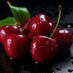 Red Cherries with Water Drops - Dark Composition | Traditional Craftsmanship