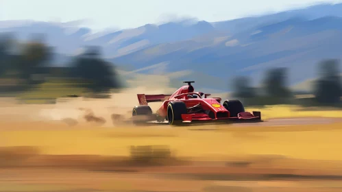 Red Formula 1 Car Racing on Dirt Track | Mountainous Area
