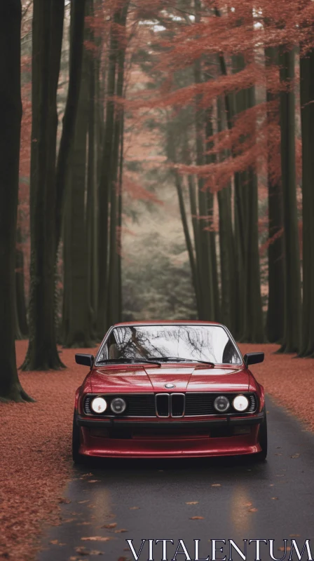 Red Parked BMW in Forest: Classic Portraiture, Minimalistic Japanese Wallpaper AI Image
