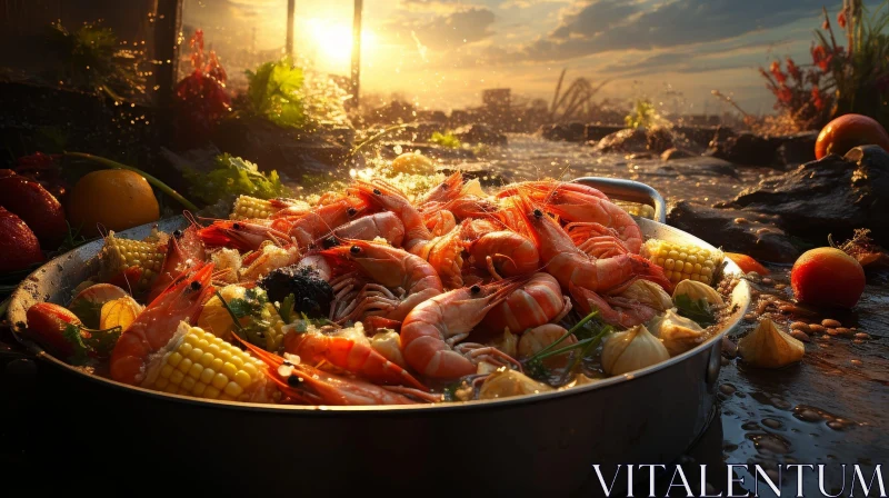 Savory Delights: Shrimp, Corn, and Vegetables at Sunset AI Image