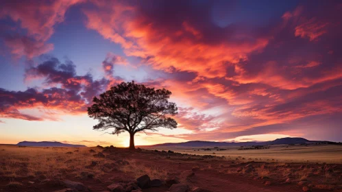 Spectacular African Savanna Sunset with Tree Silhouette