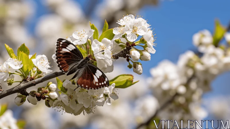 White and Brown Butterfly on Flower Branch - Naturalistic Imagery AI Image
