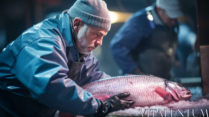 AI ART Professional Fishmongers Examining Large Fish