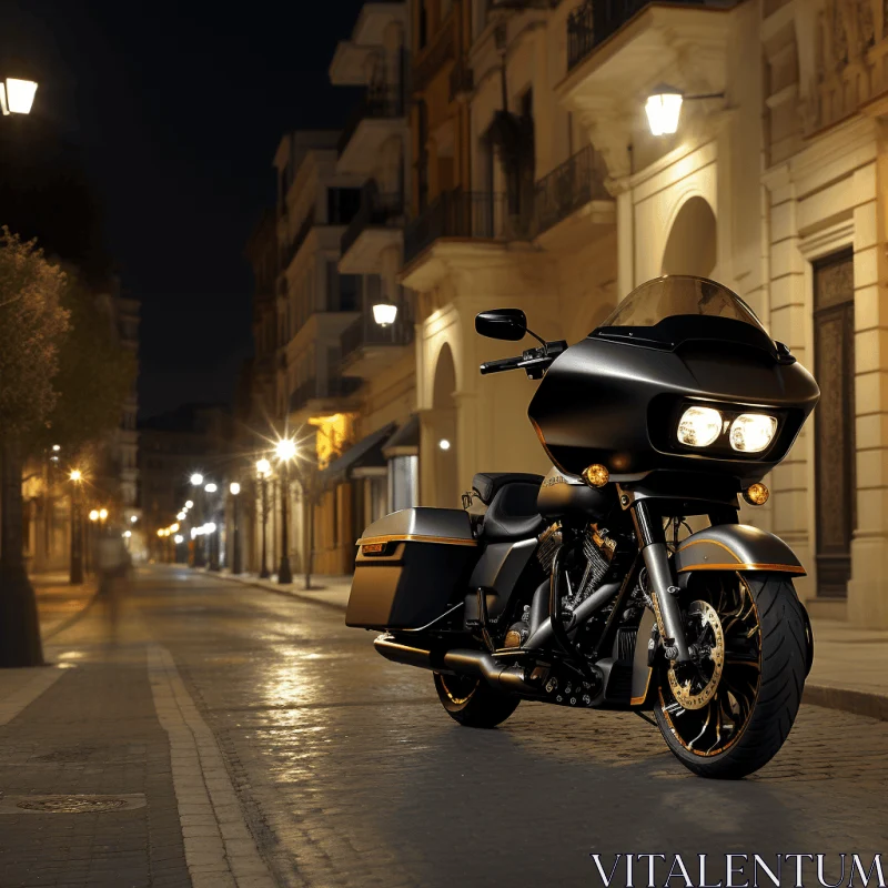 Captivating Night Scene: Black Motorcycle Parked on Dimly Lit Street AI Image
