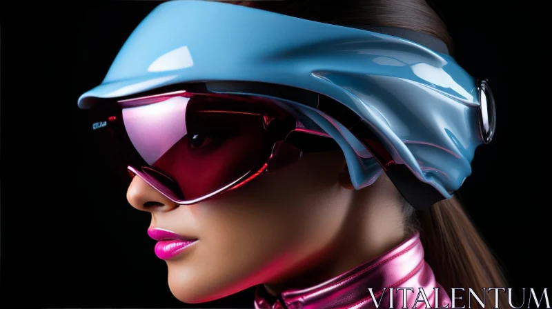 Futuristic Blue and Pink Helmet on Young Woman AI Image