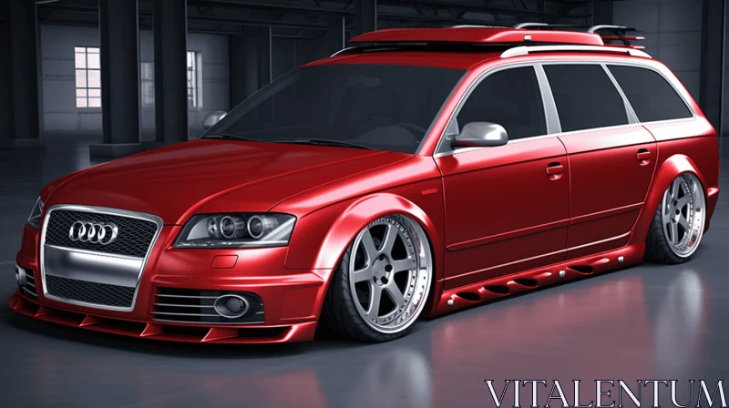 Hyper-Detailed Rendering of a Crimson Audi Wagon in a Dark Garage AI Image