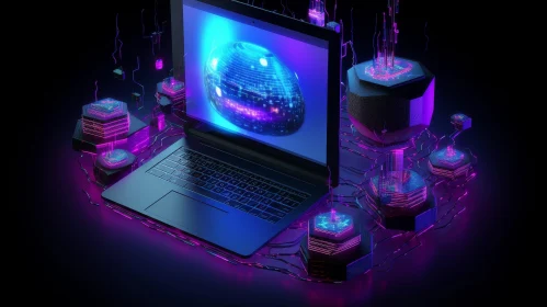 Glowing Globe Laptop on Dark Surface