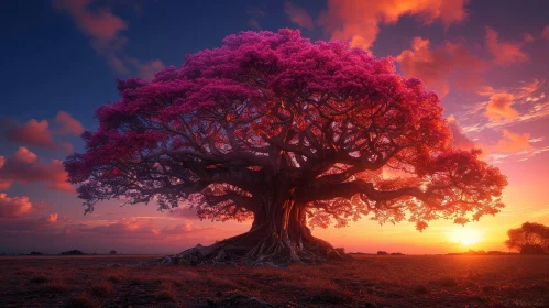 Majestic Tree with Pink Flowers at Sunset