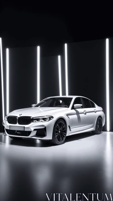 Monochromatic White BMW M5 Sports Car with Multiple Lights AI Image
