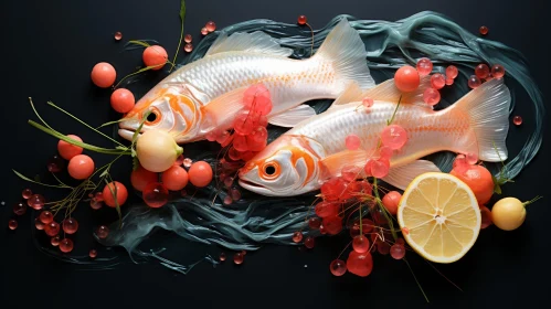 Serene Still Life of Two Goldfish with Berries and Lemon
