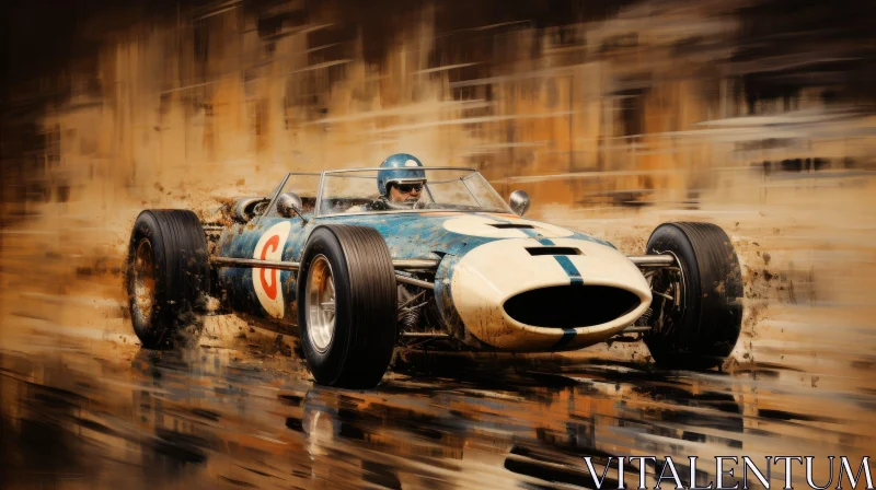 AI ART Vintage Blue and White Race Car on Wet Track