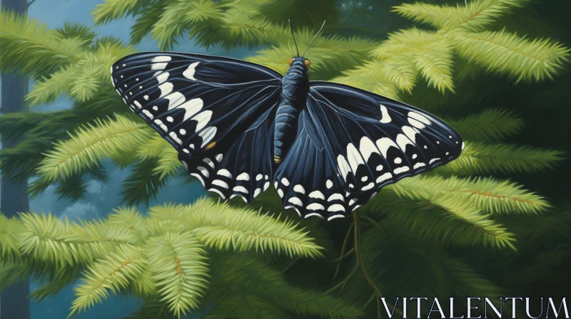 Black Butterfly on Tree Branch: A Study in Symmetry AI Image