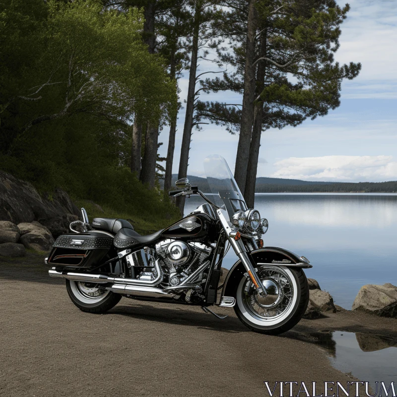 Black Motorcycle at the Shore of a Tranquil Lake - A Captivating Image of Adventure AI Image