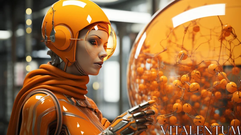 AI ART Futuristic Female Character in Orange Spacesuit and Sphere