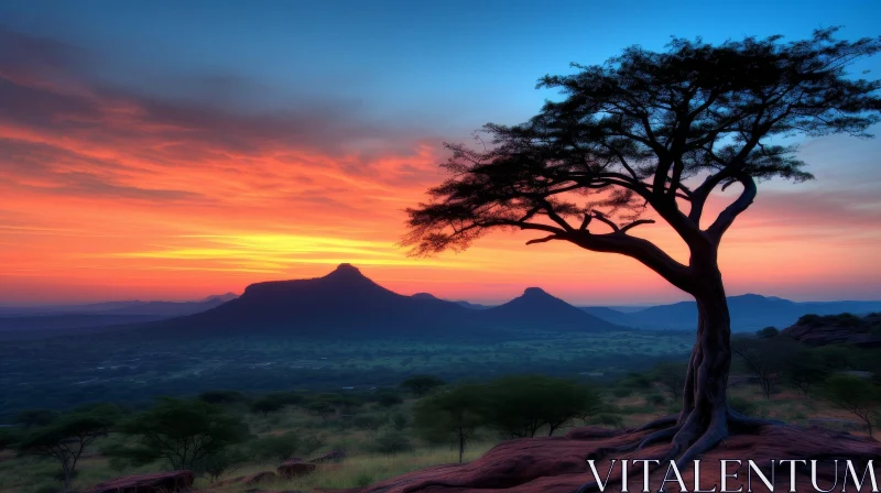 African Landscape with Majestic Tree at Sunset AI Image