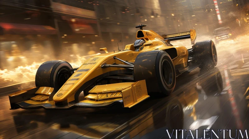 Fast-paced Formula 1 car racing through urban cityscape AI Image