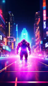 Muscular Man Walking in Neon-Lit City - Digital Painting