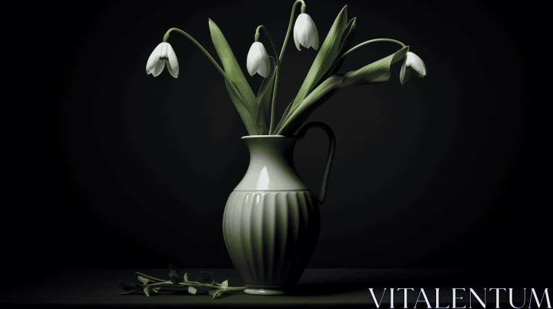 Monochromatic Shadows: A Photorealistic Rendering of White Flowers in a Green Vase AI Image