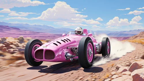 Pink Vintage Race Car in Desert Landscape
