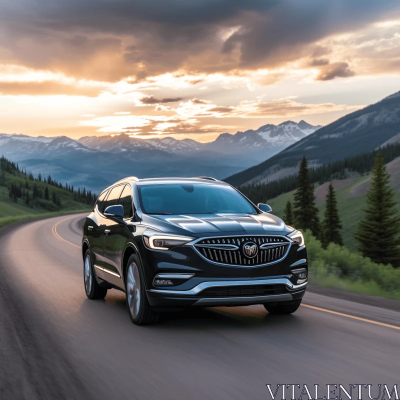 2019 Buick Enclave Driving on Mountain Road at Sunset | Hyperspace Noir AI Image