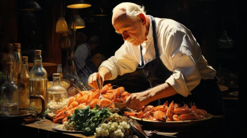 Elderly Man Peeling Shrimp in Kitchen - Realistic Cooking Scene
