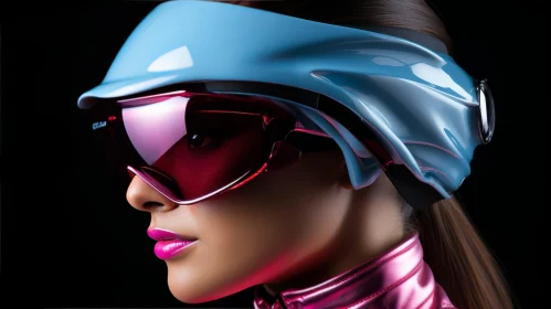 Futuristic Blue and Pink Helmet on Young Woman