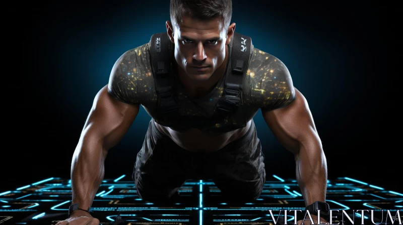 Intense Workout: Muscular Man Doing Push-Ups on Blue Surface AI Image