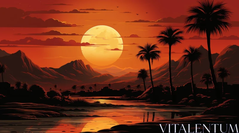 Tranquil Desert Oasis Landscape at Sunset AI Image