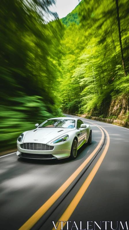 White Aston Martin Racing Through Green Forest | Carcore Art AI Image