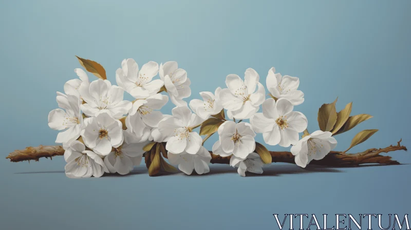 Breathtaking White Flowers on Branch against Blue - Minimalist Art AI Image