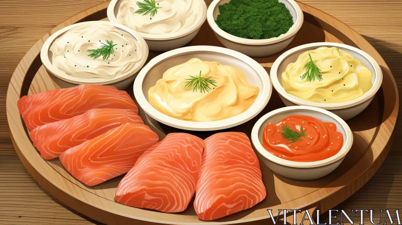 AI ART Delicious Salmon and Various Sauces on Wooden Plate