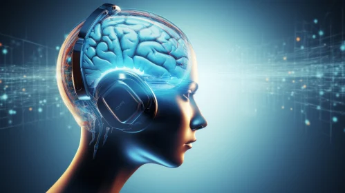 Futuristic 3D Illustration of Female Head with Glowing Brain and Headphones
