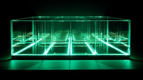 Green Neon Light Installation: Abstract Glass Cube Art