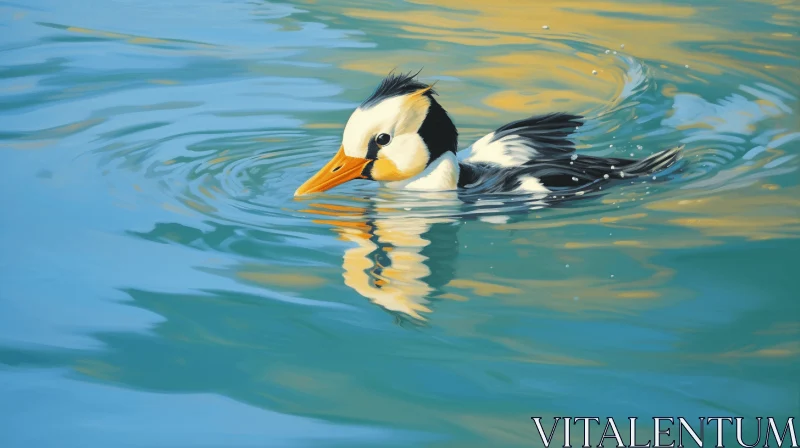 Illustration of a Swimming Duck in Golden Light AI Image
