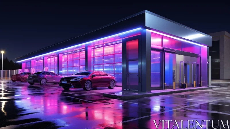 Modern Gas Station with Colorful Lights and Parked Cars AI Image