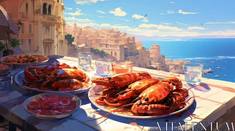 AI ART Table Setting Painting with Lobster and Shrimp Meal