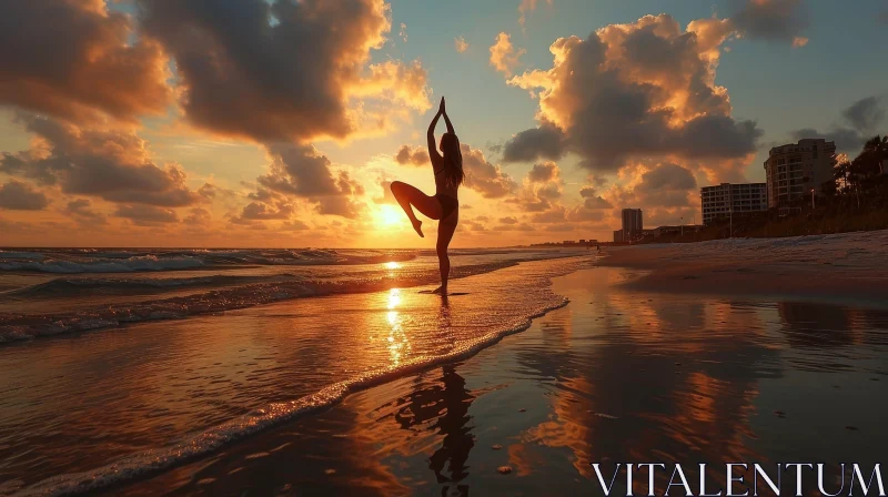 Tranquil Sunset Yoga Beach Silhouette AI Image